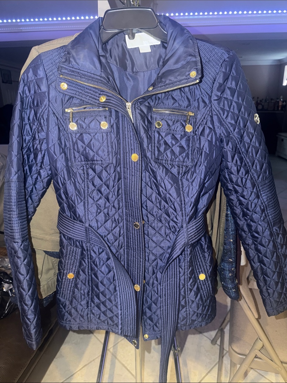 Quilted Navy Women's Belted Jacket with Gold Hardware